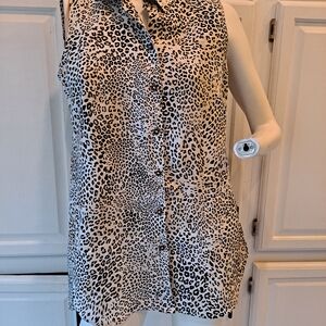 Chico's Linen Animal Print Button Down Tunic Top in Black and Cream